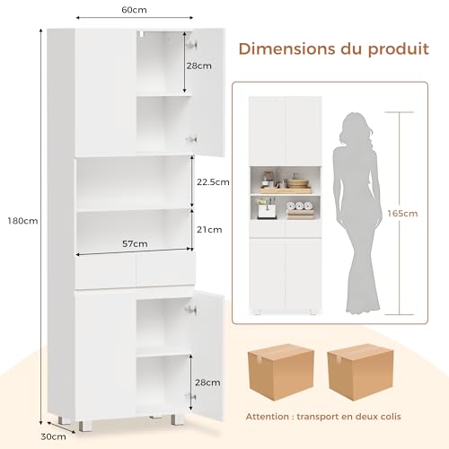 ANWBROAD SBC012W Bathroom Column Cabinet Storage Unit with Adjustable Shelves, 2 Drawers, Compartments, for Living Room, Kitchen, 30 x 60 x 180 cm, White - Image 8