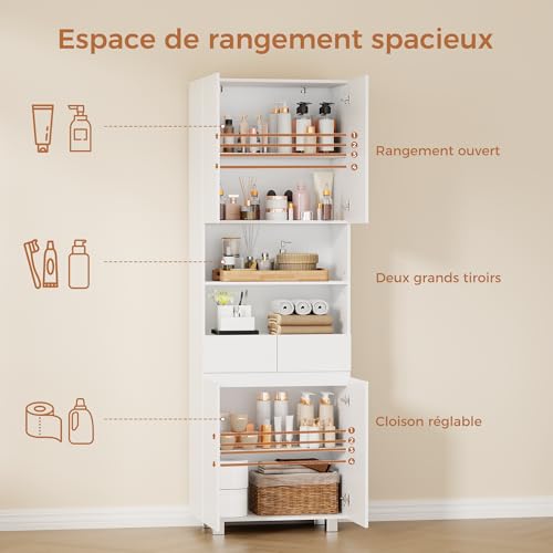 ANWBROAD SBC012W Bathroom Column Cabinet Storage Unit with Adjustable Shelves, 2 Drawers, Compartments, for Living Room, Kitchen, 30 x 60 x 180 cm, White - Image 9