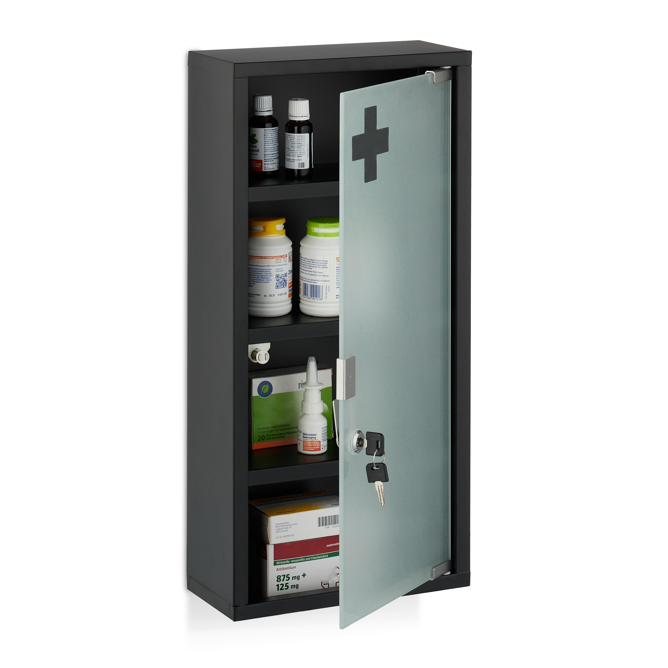 Relaxdays Medicine Cabinet, 4 Compartments, Material Mix, H x W x D: 57 x 27 x 12 cm, Black - Image 4