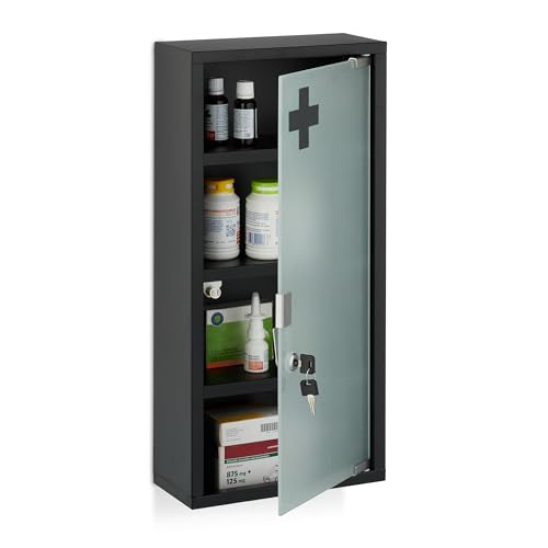 Relaxdays Medicine Cabinet, 4 Compartments, Material Mix, H x W x D: 57 x 27 x 12 cm, Black - Image 5