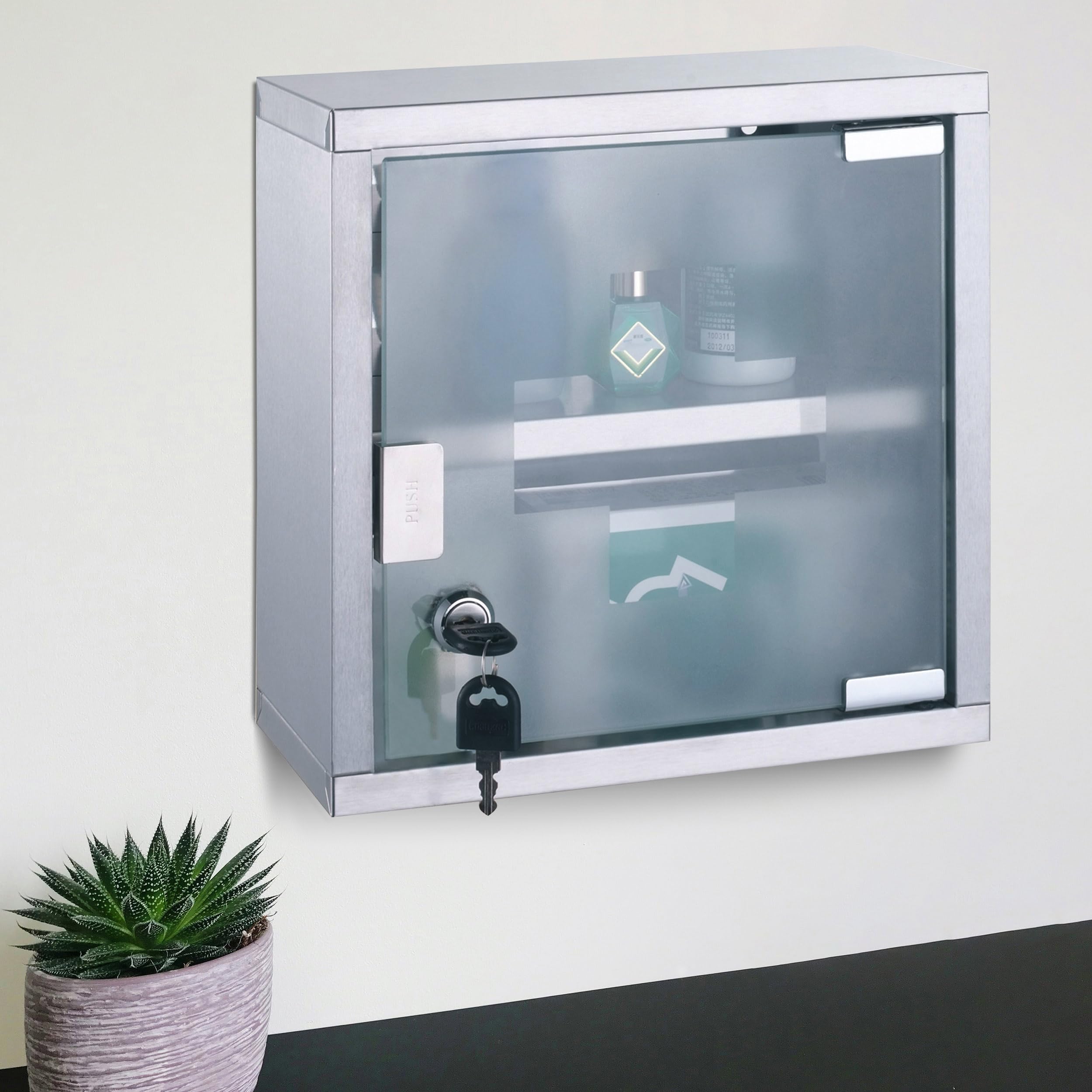 MSV Medicine Cabinet with Key Steel & Stainless Steel Glass, Grey - Image 2