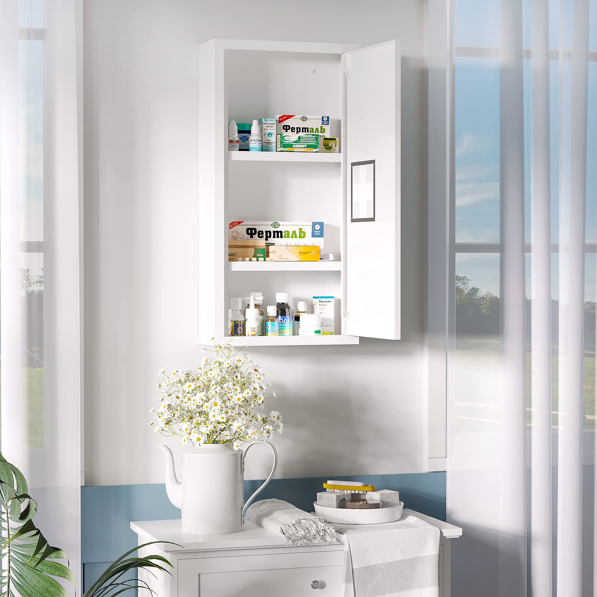 kleankin Medicine Cabinet Wall Mounted 2 Shelves 3 Levels with Magnetic Metal Door 30 x 12 x 60 cm White - Image 2