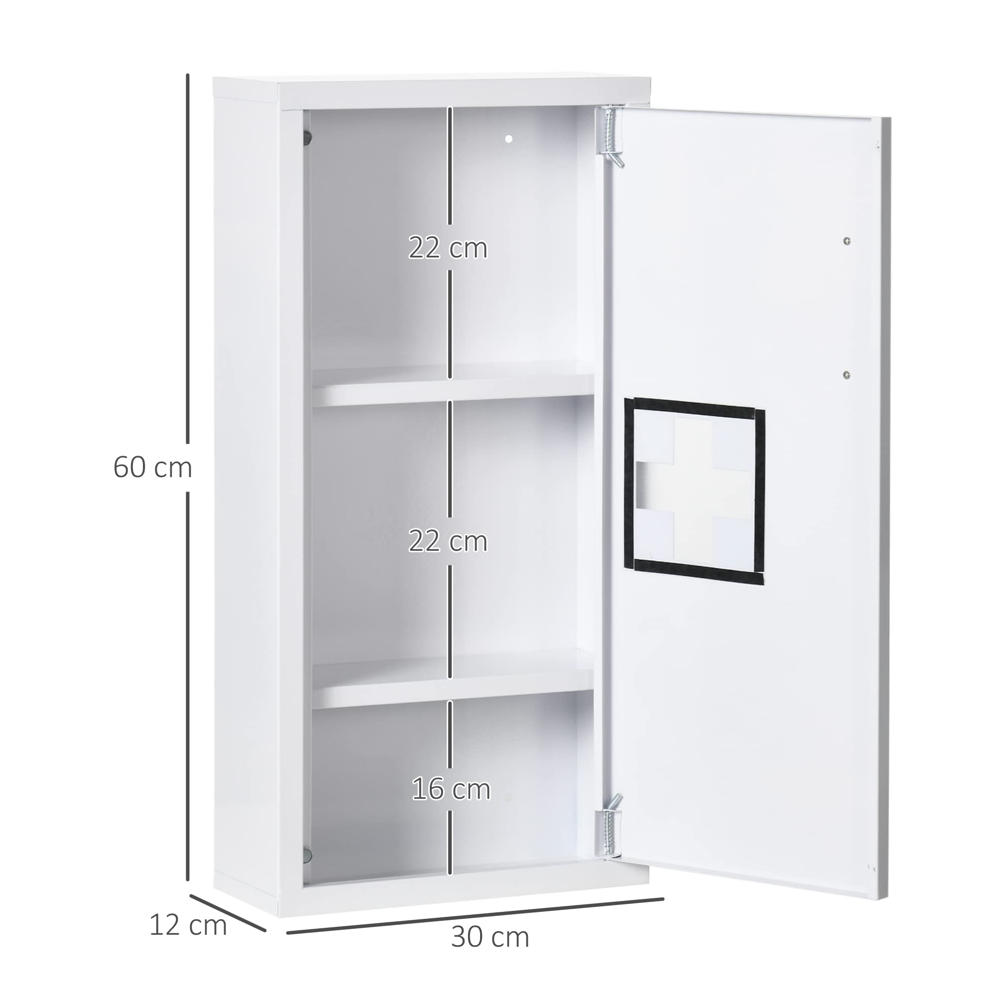 kleankin Medicine Cabinet Wall Mounted 2 Shelves 3 Levels with Magnetic Metal Door 30 x 12 x 60 cm White - Image 3
