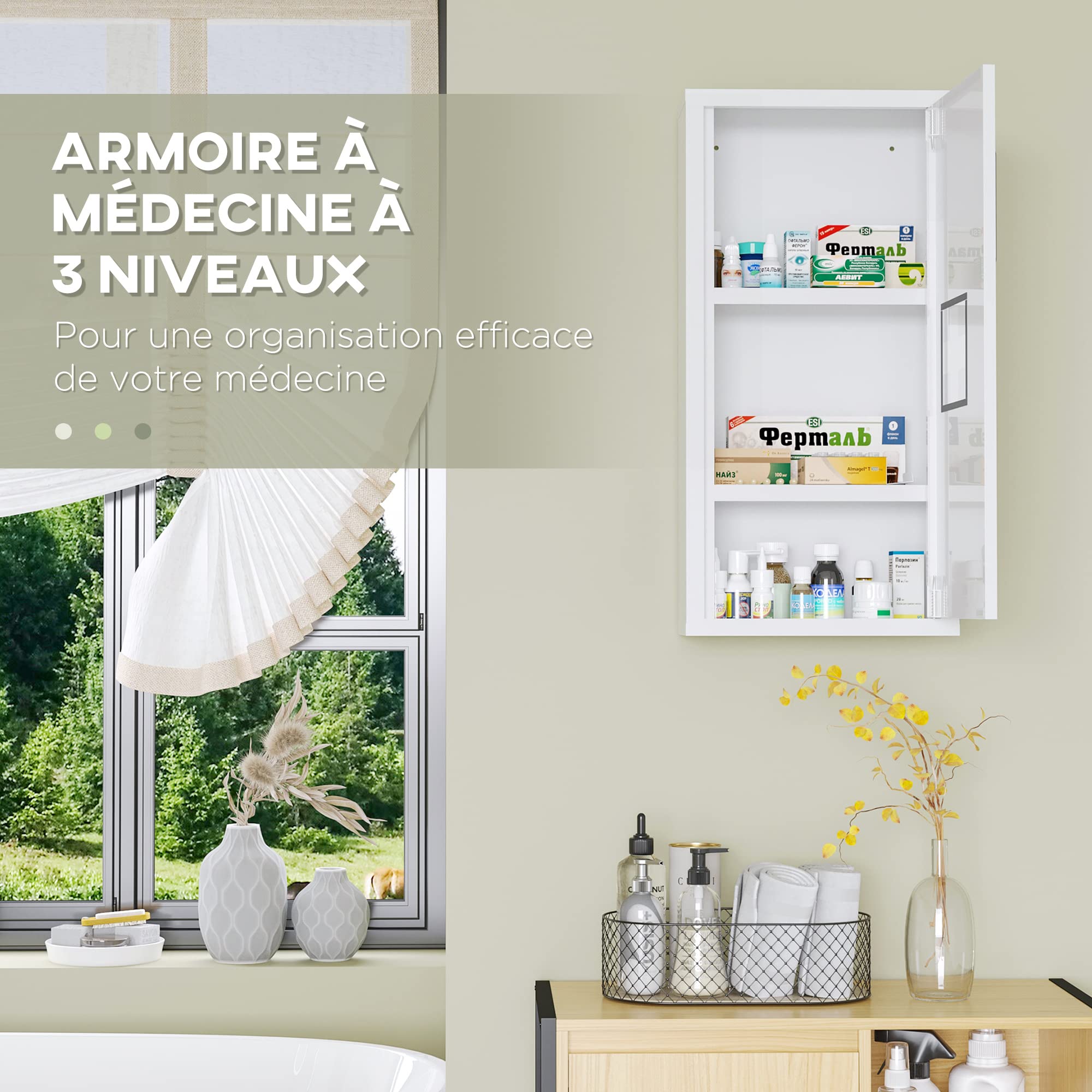 kleankin Medicine Cabinet Wall Mounted 2 Shelves 3 Levels with Magnetic Metal Door 30 x 12 x 60 cm White - Image 4