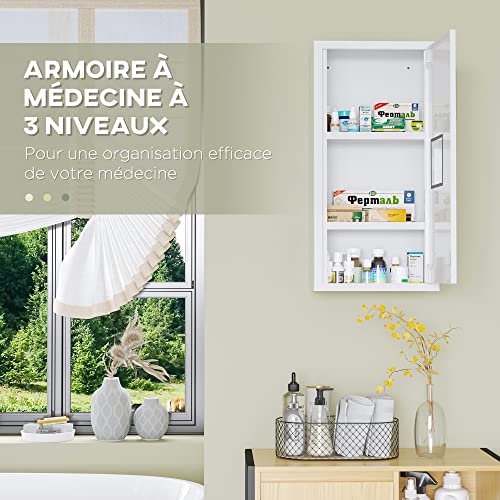 kleankin Medicine Cabinet Wall Mounted 2 Shelves 3 Levels with Magnetic Metal Door 30 x 12 x 60 cm White - Image 9