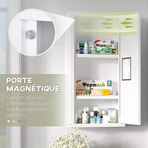kleankin Medicine Cabinet Wall Mounted 2 Shelves 3 Levels with Magnetic Metal Door 30 x 12 x 60 cm White - Image 11