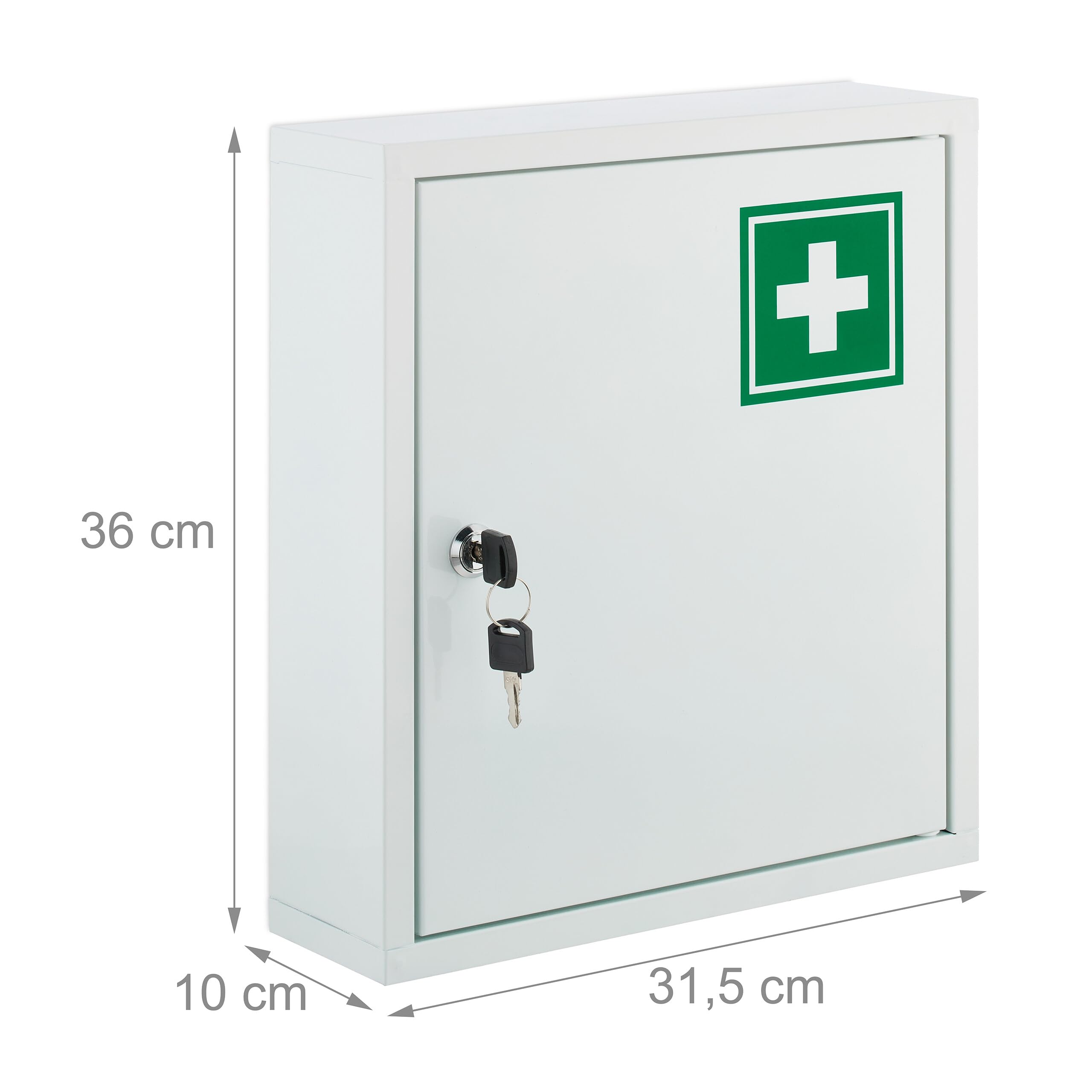 Relaxdays Medicine Cabinet, Lockable Cupboard, for Medicines, HxWxD: 36 x 31.5 x 10 cm, for hanging, White - Green - Image 1