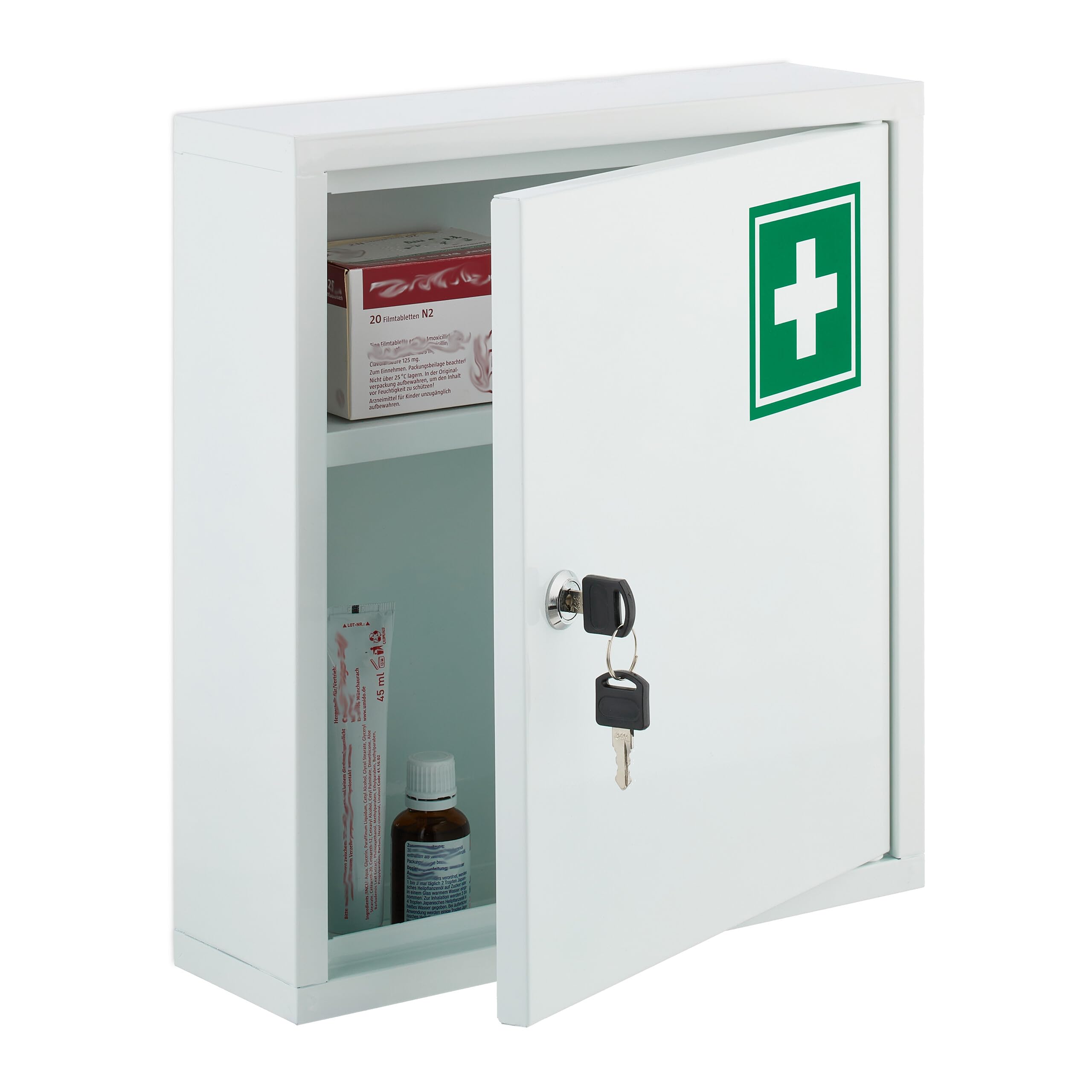 Relaxdays Medicine Cabinet, Lockable Cupboard, for Medicines, HxWxD: 36 x 31.5 x 10 cm, for hanging, White - Green - Image 4
