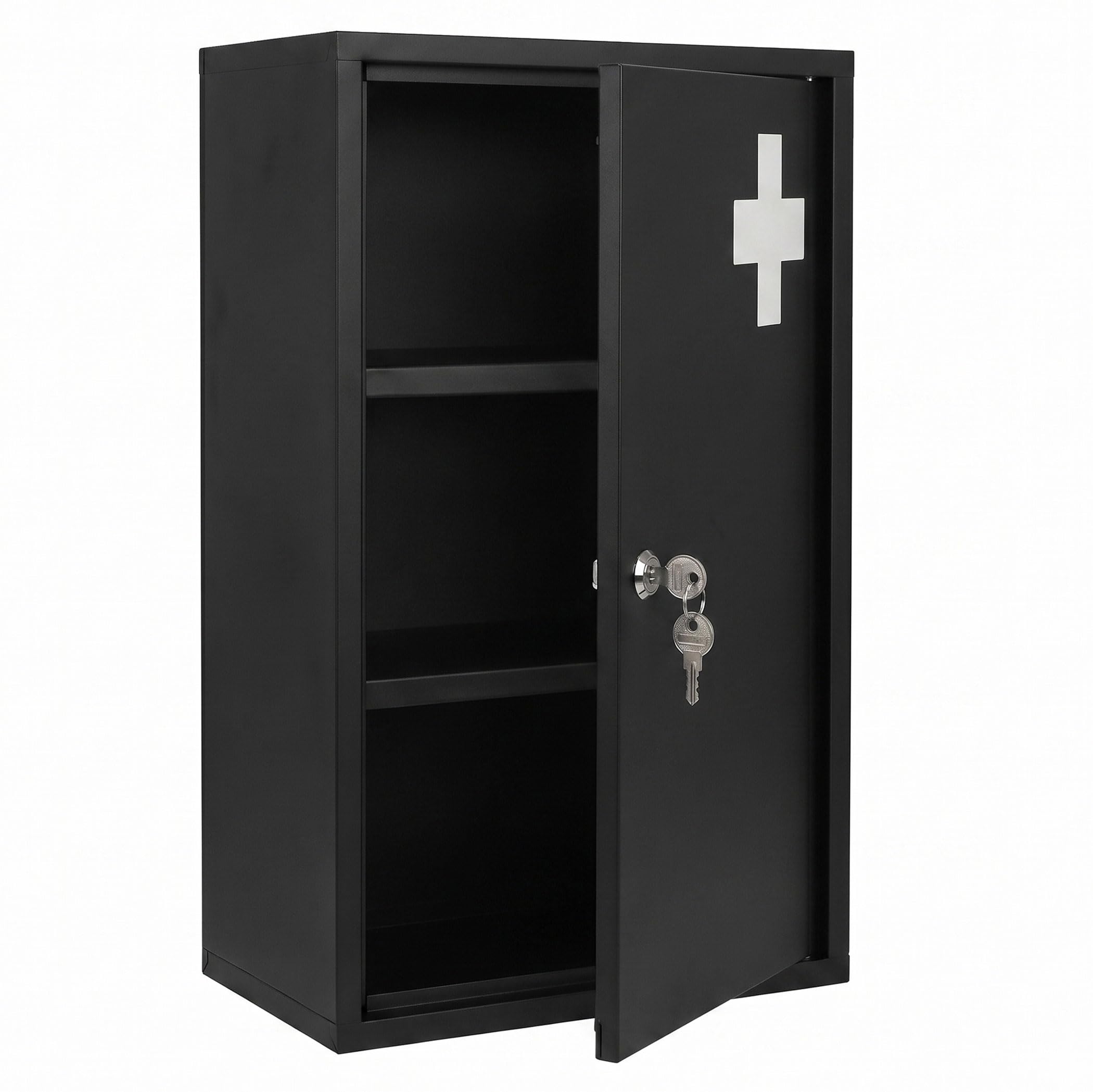 Spetebo Armoire à pharmacie en métal - 50 x 30 cm - Verrouillable - Avec 2 clés - Noir - Armoire à pharmacie avec 3 compartiments - Armoire à pharmacie à domicile - Image 1