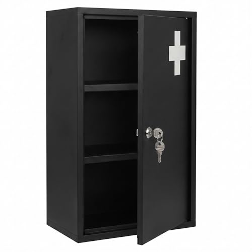 Spetebo Armoire à pharmacie en métal - 50 x 30 cm - Verrouillable - Avec 2 clés - Noir - Armoire à pharmacie avec 3 compartiments - Armoire à pharmacie à domicile - Image 7