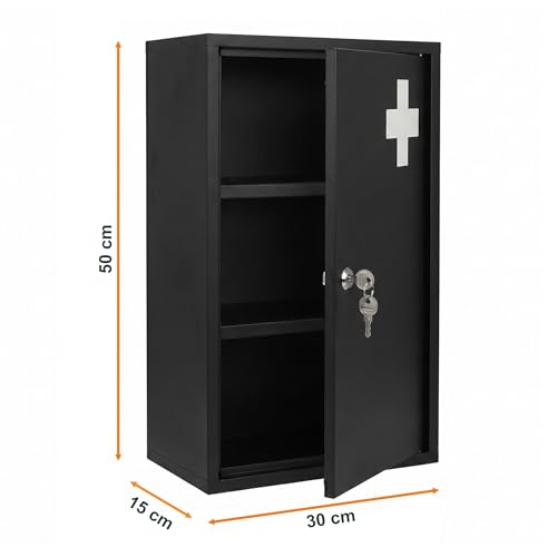 Spetebo Armoire à pharmacie en métal - 50 x 30 cm - Verrouillable - Avec 2 clés - Noir - Armoire à pharmacie avec 3 compartiments - Armoire à pharmacie à domicile - Image 9