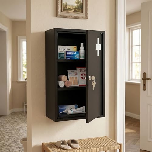 Spetebo Armoire à pharmacie en métal - 50 x 30 cm - Verrouillable - Avec 2 clés - Noir - Armoire à pharmacie avec 3 compartiments - Armoire à pharmacie à domicile - Image 12