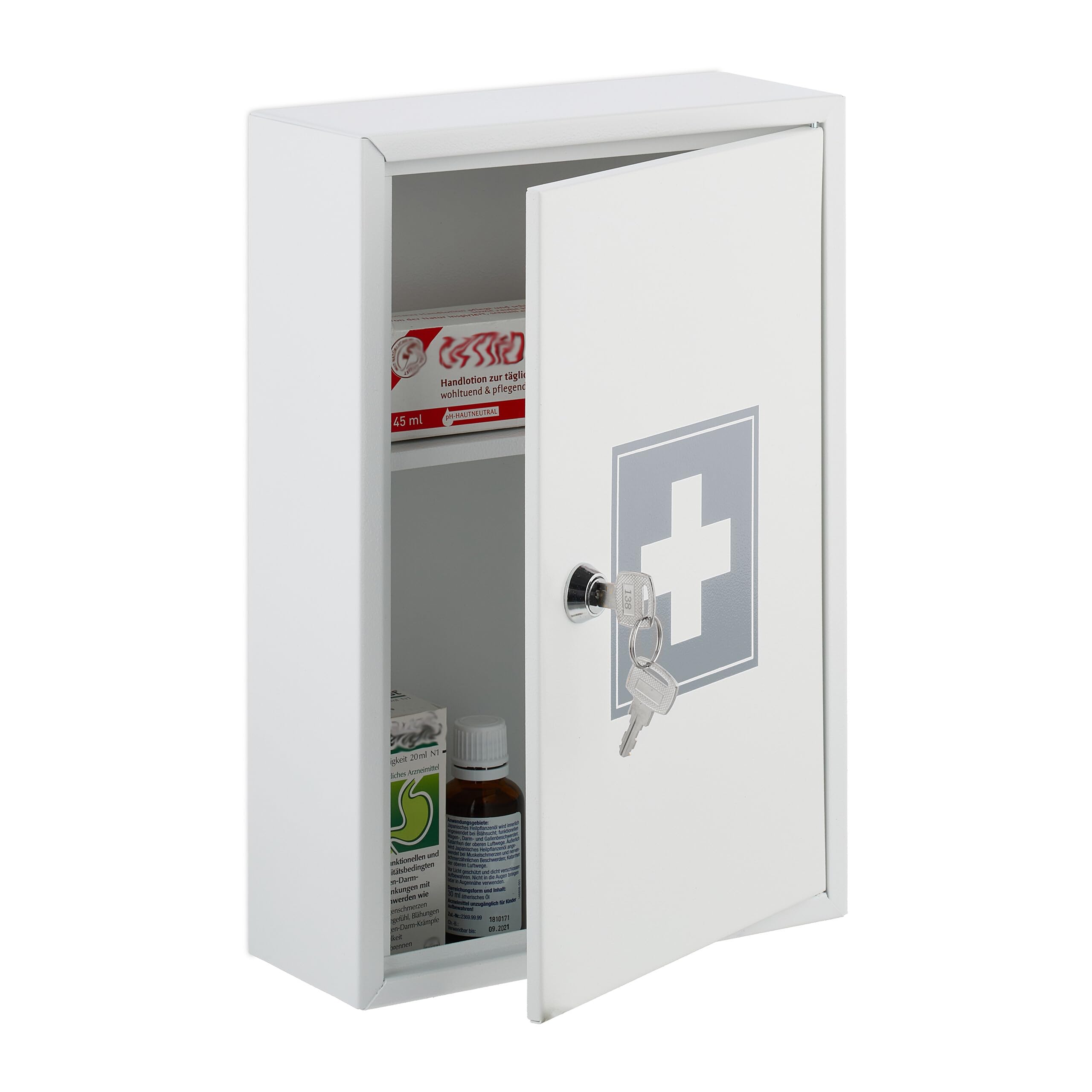 Relaxdays Medicine Cabinet, Lockable, 2 Levels, Steel, HxWxD: 32x21.5x8cm, hanging, White - Grey - Image 1