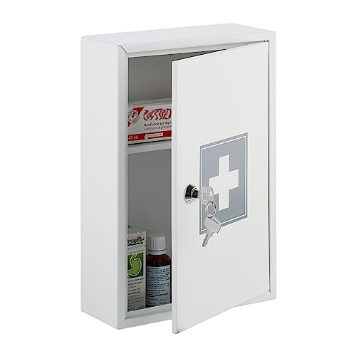 Relaxdays Medicine Cabinet, Lockable, 2 Levels, Steel, HxWxD: 32x21.5x8cm, hanging, White - Grey - Image 7