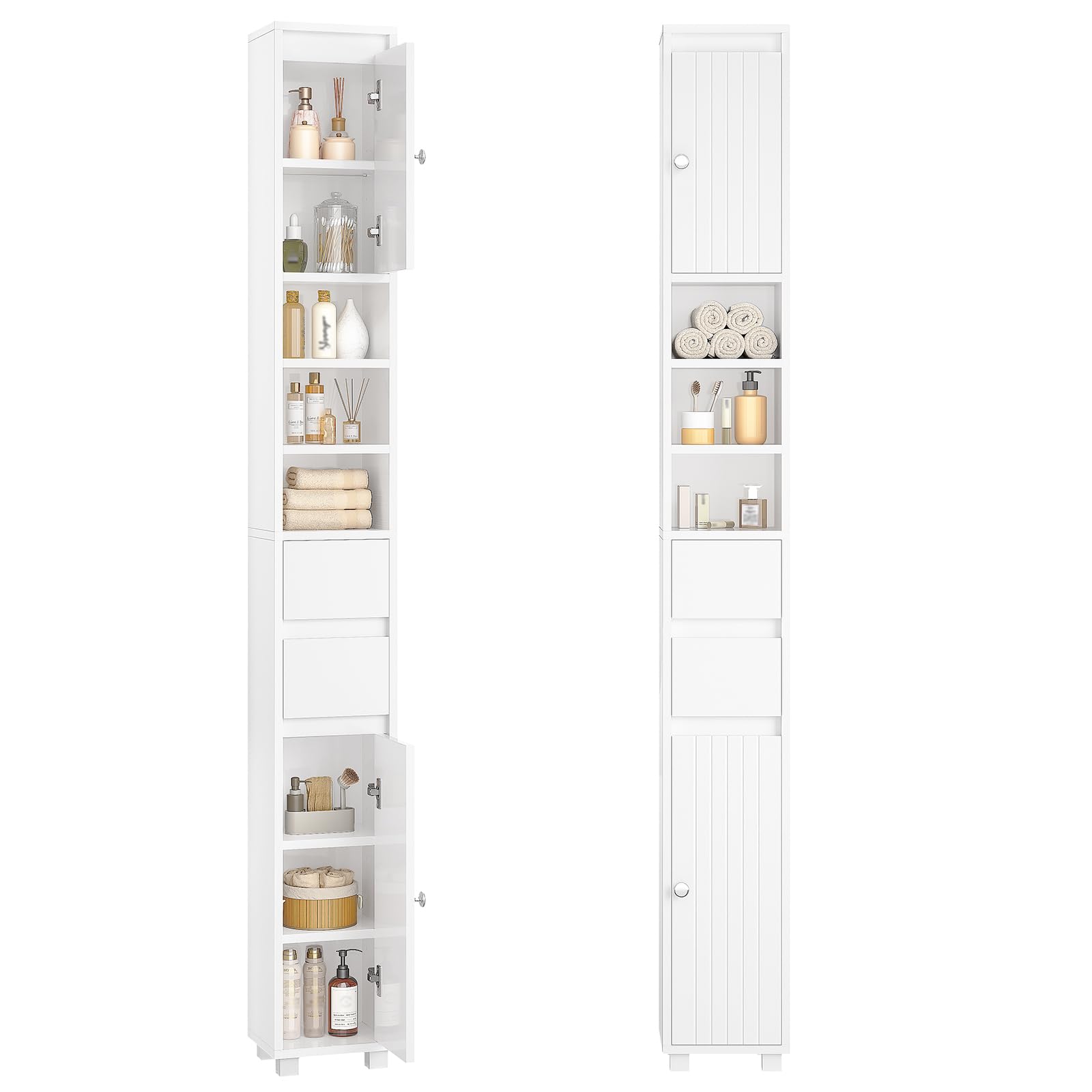 Bathroom Column Storage Unit with Adjustable Shelves, 2 Drawers, Open Compartments, Tall Toilet Cabinet for Small Spaces, White, 20 x 20 x 180 cm - Image 1