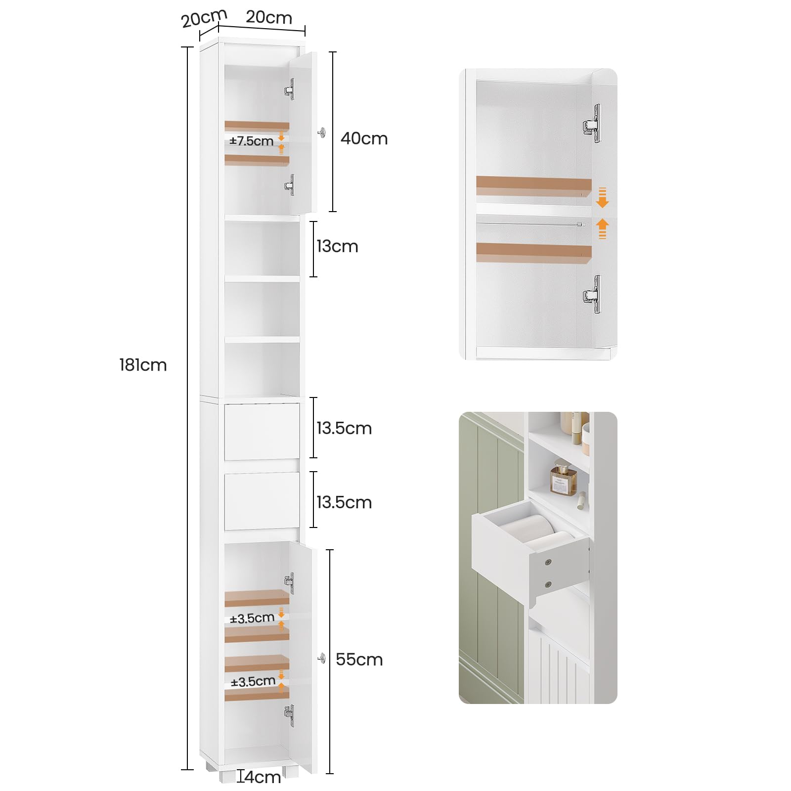 Bathroom Column Storage Unit with Adjustable Shelves, 2 Drawers, Open Compartments, Tall Toilet Cabinet for Small Spaces, White, 20 x 20 x 180 cm - Image 2