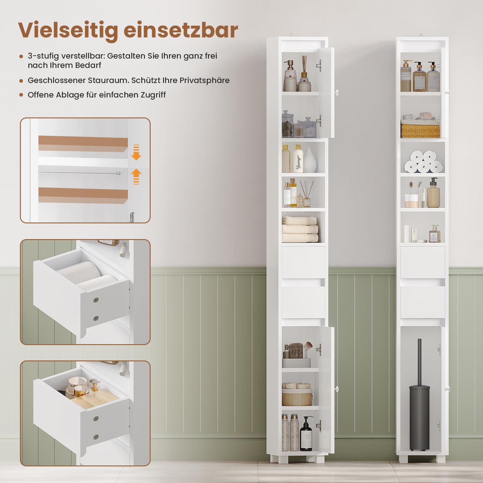 Bathroom Column Storage Unit with Adjustable Shelves, 2 Drawers, Open Compartments, Tall Toilet Cabinet for Small Spaces, White, 20 x 20 x 180 cm - Image 3