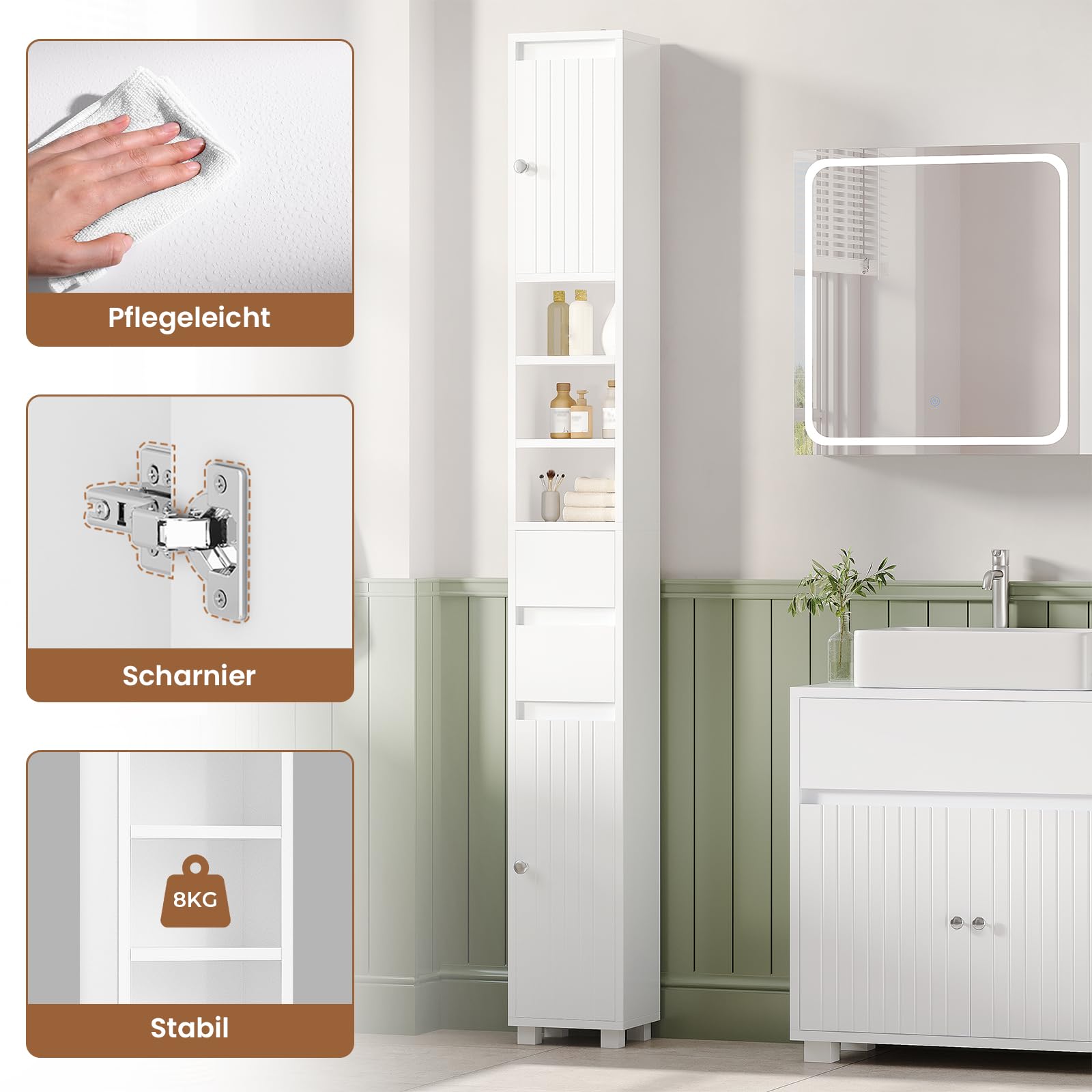 Bathroom Column Storage Unit with Adjustable Shelves, 2 Drawers, Open Compartments, Tall Toilet Cabinet for Small Spaces, White, 20 x 20 x 180 cm - Image 4