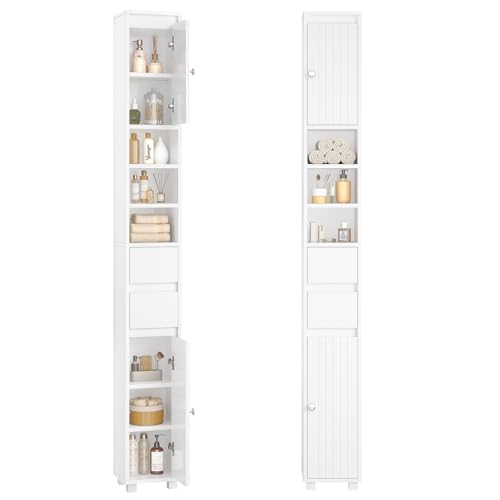 Bathroom Column Storage Unit with Adjustable Shelves, 2 Drawers, Open Compartments, Tall Toilet Cabinet for Small Spaces, White, 20 x 20 x 180 cm - Image 7