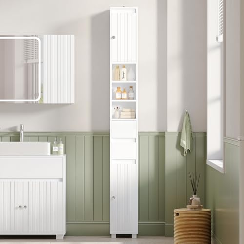 Bathroom Column Storage Unit with Adjustable Shelves, 2 Drawers, Open Compartments, Tall Toilet Cabinet for Small Spaces, White, 20 x 20 x 180 cm - Image 8