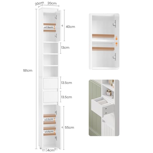 Bathroom Column Storage Unit with Adjustable Shelves, 2 Drawers, Open Compartments, Tall Toilet Cabinet for Small Spaces, White, 20 x 20 x 180 cm - Image 9