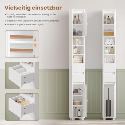 Bathroom Column Storage Unit with Adjustable Shelves, 2 Drawers, Open Compartments, Tall Toilet Cabinet for Small Spaces, White, 20 x 20 x 180 cm - Image 10