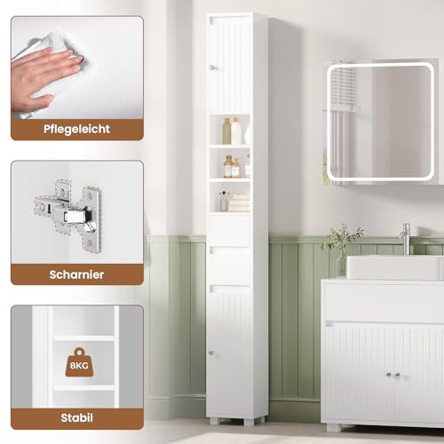 Bathroom Column Storage Unit with Adjustable Shelves, 2 Drawers, Open Compartments, Tall Toilet Cabinet for Small Spaces, White, 20 x 20 x 180 cm - Image 11