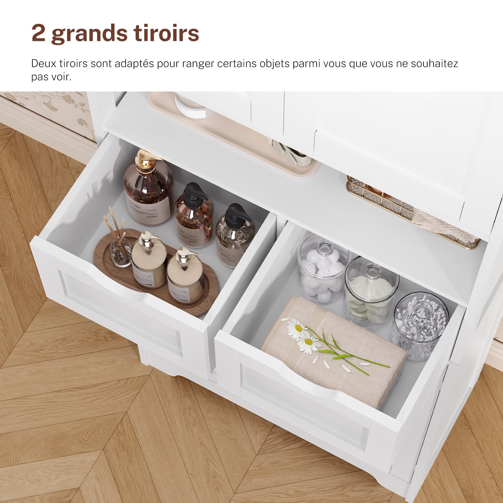 TEENFON Bathroom Cabinet with 4 Doors, Column Storage Cabinet with 2 Adjustable Shelves and 2 Drawers, 60 x 30 x 147 cm, White - Image 3
