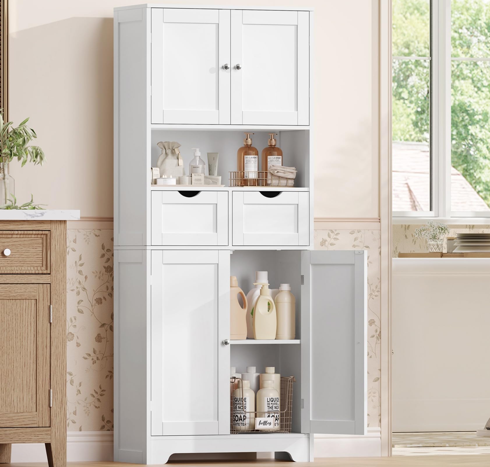 TEENFON Bathroom Cabinet with 4 Doors, Column Storage Cabinet with 2 Adjustable Shelves and 2 Drawers, 60 x 30 x 147 cm, White - Image 4