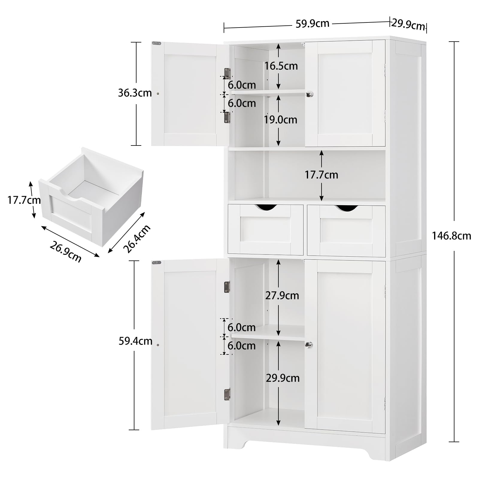 TEENFON Bathroom Cabinet with 4 Doors, Column Storage Cabinet with 2 Adjustable Shelves and 2 Drawers, 60 x 30 x 147 cm, White - Image 1
