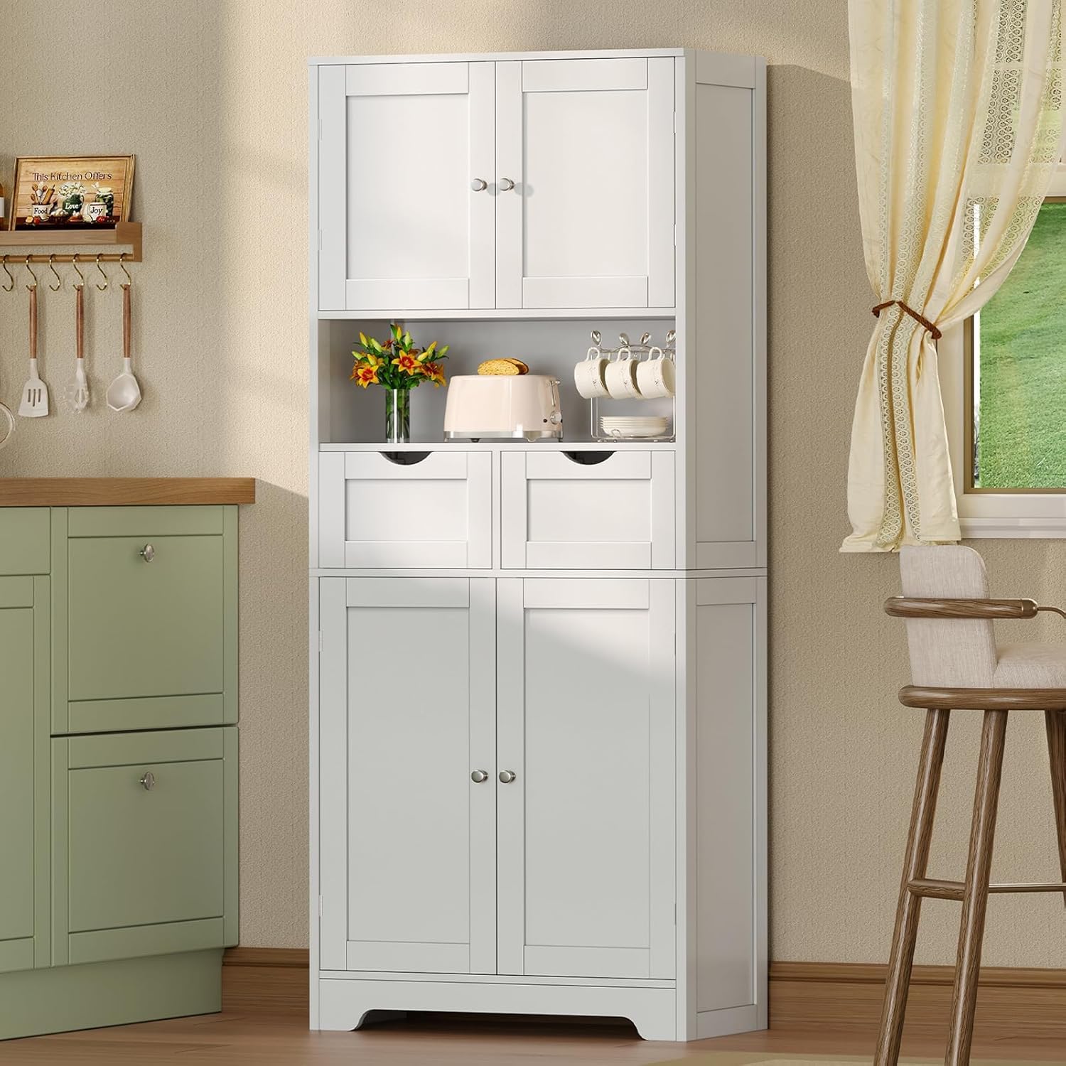 TEENFON Bathroom Cabinet with 4 Doors, Column Storage Cabinet with 2 Adjustable Shelves and 2 Drawers, 60 x 30 x 147 cm, White - Image 2