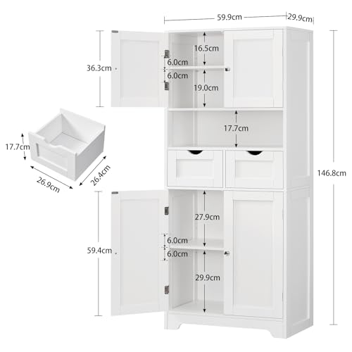 TEENFON Bathroom Cabinet with 4 Doors, Column Storage Cabinet with 2 Adjustable Shelves and 2 Drawers, 60 x 30 x 147 cm, White - Image 6