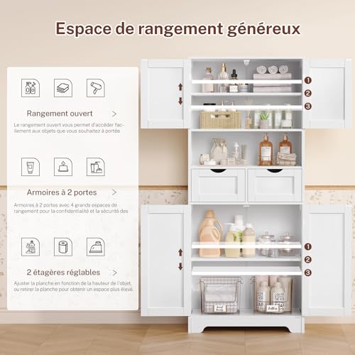 TEENFON Bathroom Cabinet with 4 Doors, Column Storage Cabinet with 2 Adjustable Shelves and 2 Drawers, 60 x 30 x 147 cm, White - Image 8