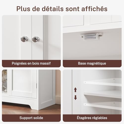 TEENFON Bathroom Cabinet with 4 Doors, Column Storage Cabinet with 2 Adjustable Shelves and 2 Drawers, 60 x 30 x 147 cm, White - Image 10
