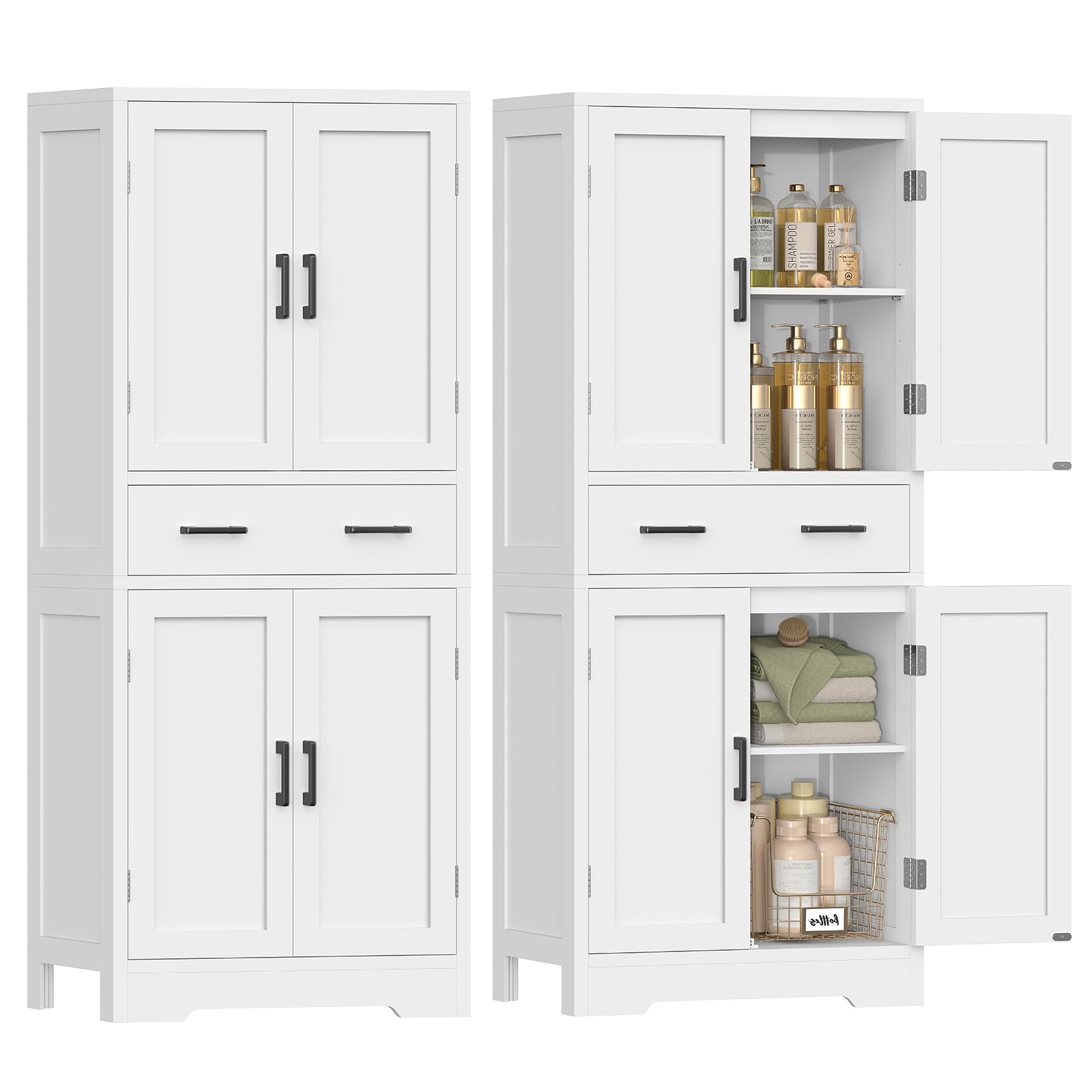 TEENFON Bathroom Cabinet, Bathroom Cabinet with 4 Doors and 1 Large Drawer, Adjustable Shelf Bathroom Storage Unit for Living Room, Kitchen, Entryway – White, 60 x 30 x 148 cm - Image 1