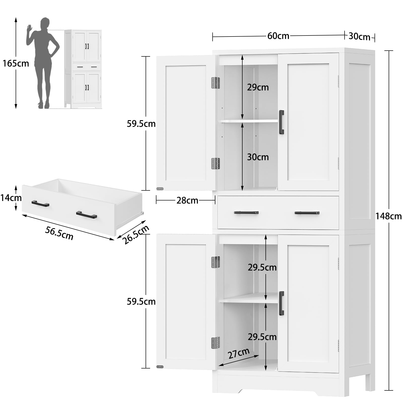 TEENFON Bathroom Cabinet, Bathroom Cabinet with 4 Doors and 1 Large Drawer, Adjustable Shelf Bathroom Storage Unit for Living Room, Kitchen, Entryway – White, 60 x 30 x 148 cm - Image 3