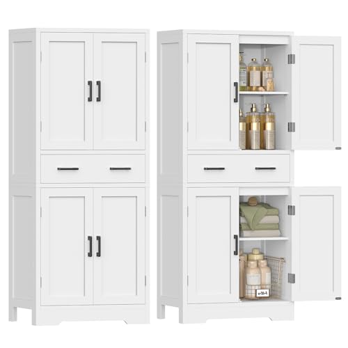 TEENFON Bathroom Cabinet, Bathroom Cabinet with 4 Doors and 1 Large Drawer, Adjustable Shelf Bathroom Storage Unit for Living Room, Kitchen, Entryway – White, 60 x 30 x 148 cm - Image 6
