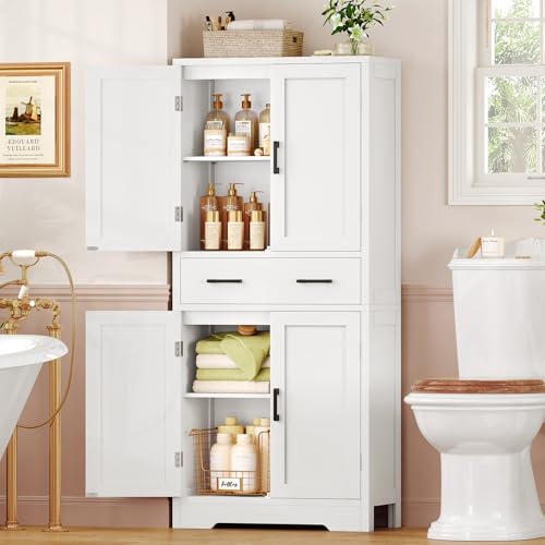 TEENFON Bathroom Cabinet, Bathroom Cabinet with 4 Doors and 1 Large Drawer, Adjustable Shelf Bathroom Storage Unit for Living Room, Kitchen, Entryway – White, 60 x 30 x 148 cm - Image 7