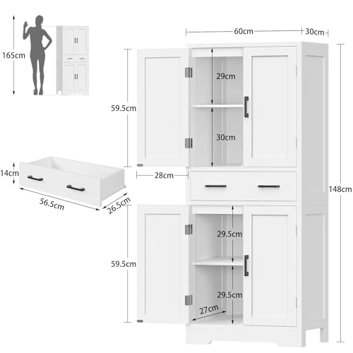 TEENFON Bathroom Cabinet, Bathroom Cabinet with 4 Doors and 1 Large Drawer, Adjustable Shelf Bathroom Storage Unit for Living Room, Kitchen, Entryway – White, 60 x 30 x 148 cm - Image 8