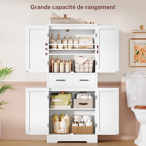 TEENFON Bathroom Cabinet, Bathroom Cabinet with 4 Doors and 1 Large Drawer, Adjustable Shelf Bathroom Storage Unit for Living Room, Kitchen, Entryway – White, 60 x 30 x 148 cm - Image 9