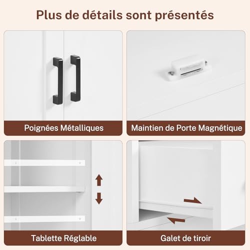 TEENFON Bathroom Cabinet, Bathroom Cabinet with 4 Doors and 1 Large Drawer, Adjustable Shelf Bathroom Storage Unit for Living Room, Kitchen, Entryway – White, 60 x 30 x 148 cm - Image 11