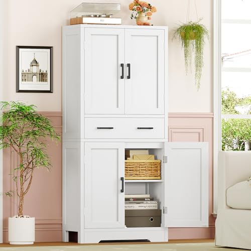 TEENFON Bathroom Cabinet, Bathroom Cabinet with 4 Doors and 1 Large Drawer, Adjustable Shelf Bathroom Storage Unit for Living Room, Kitchen, Entryway – White, 60 x 30 x 148 cm - Image 12