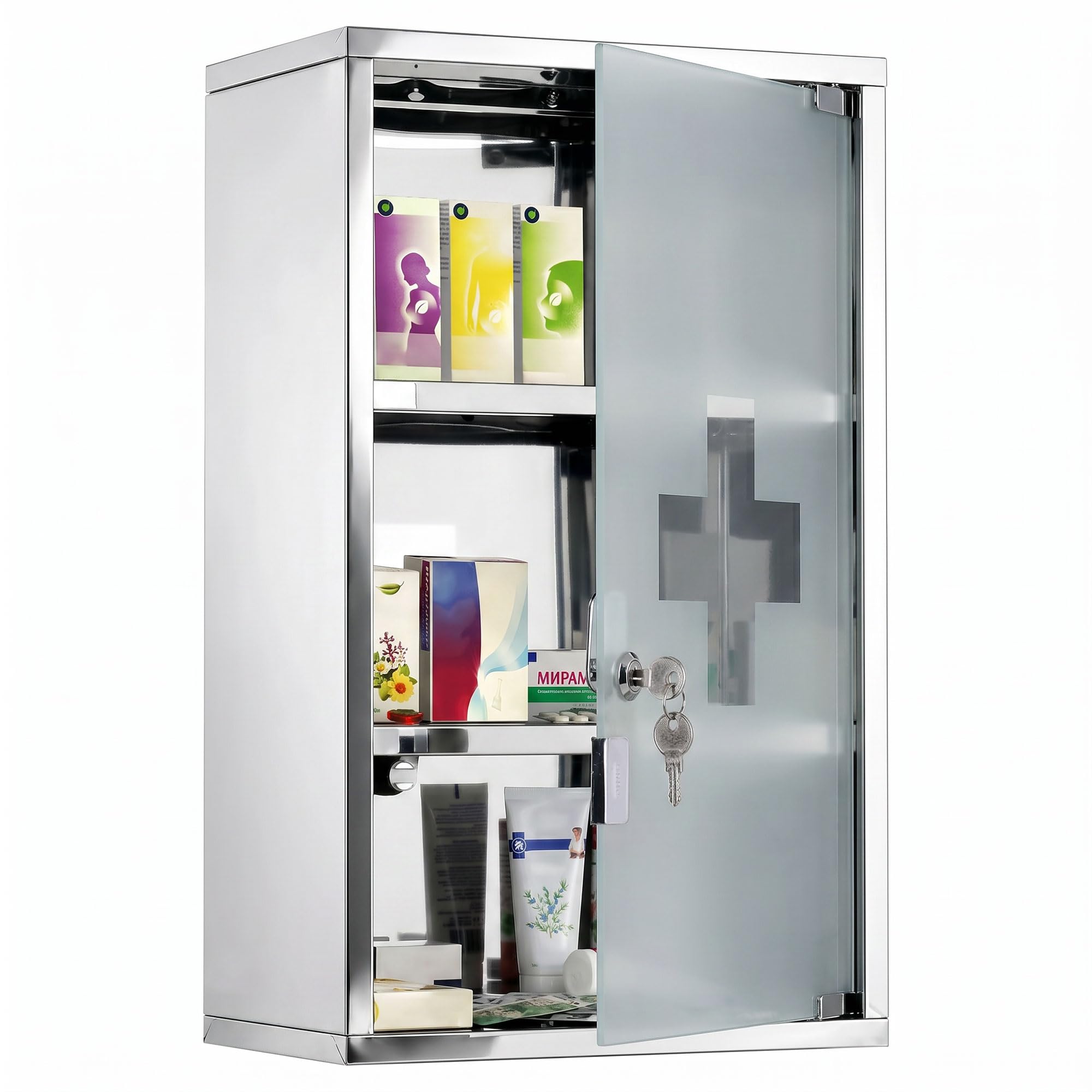 HOMCOM Wall Mounted 3 Tier Stainless Steel Medicine Cabinet with Lockable Glass Door with 2 Keys Storage Shelves Silver - Image 1
