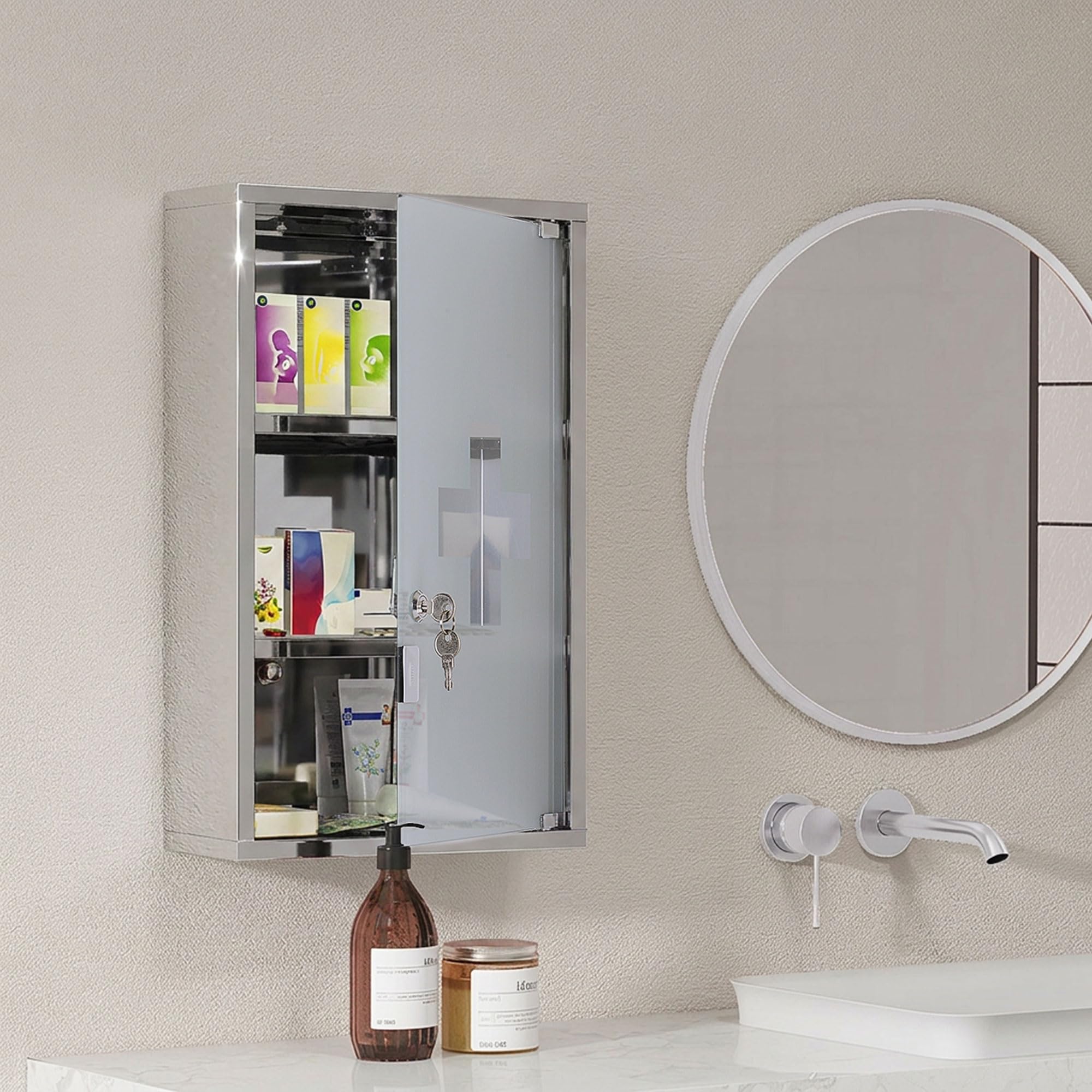 HOMCOM Wall Mounted 3 Tier Stainless Steel Medicine Cabinet with Lockable Glass Door with 2 Keys Storage Shelves Silver - Image 2