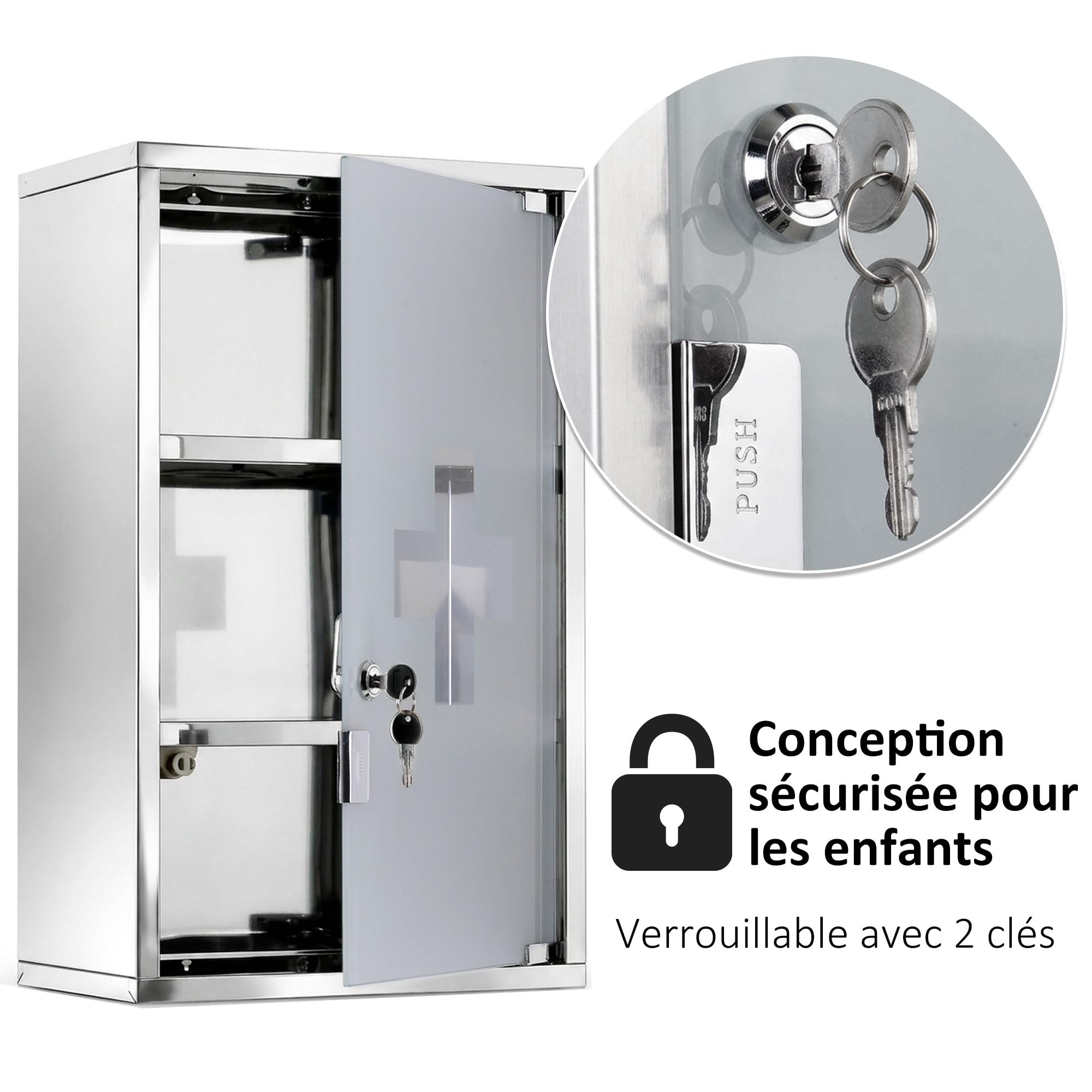 HOMCOM Wall Mounted 3 Tier Stainless Steel Medicine Cabinet with Lockable Glass Door with 2 Keys Storage Shelves Silver - Image 3