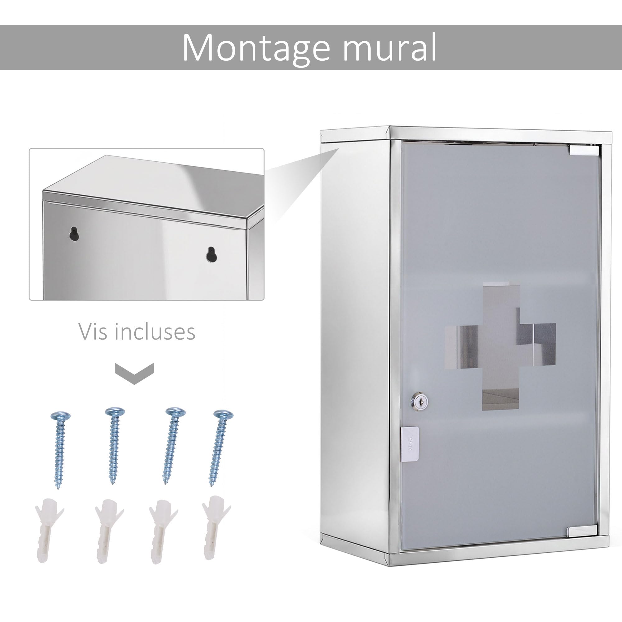 HOMCOM Wall Mounted 3 Tier Stainless Steel Medicine Cabinet with Lockable Glass Door with 2 Keys Storage Shelves Silver - Image 4