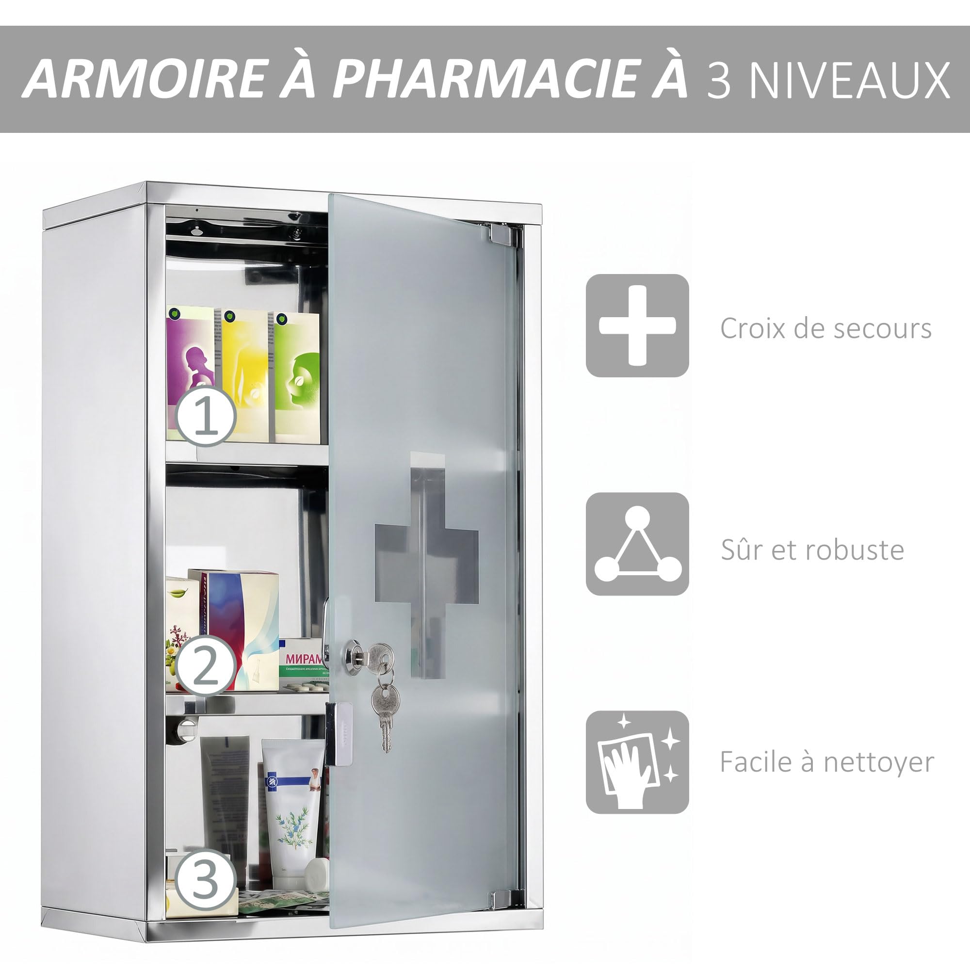 HOMCOM Wall Mounted 3 Tier Stainless Steel Medicine Cabinet with Lockable Glass Door with 2 Keys Storage Shelves Silver - Image 5