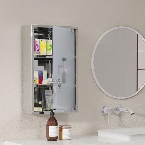 HOMCOM Wall Mounted 3 Tier Stainless Steel Medicine Cabinet with Lockable Glass Door with 2 Keys Storage Shelves Silver - Image 8