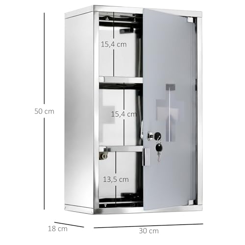 HOMCOM Wall Mounted 3 Tier Stainless Steel Medicine Cabinet with Lockable Glass Door with 2 Keys Storage Shelves Silver - Image 9