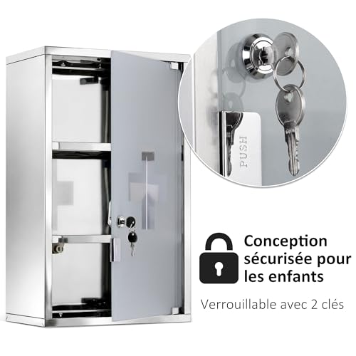 HOMCOM Wall Mounted 3 Tier Stainless Steel Medicine Cabinet with Lockable Glass Door with 2 Keys Storage Shelves Silver - Image 10
